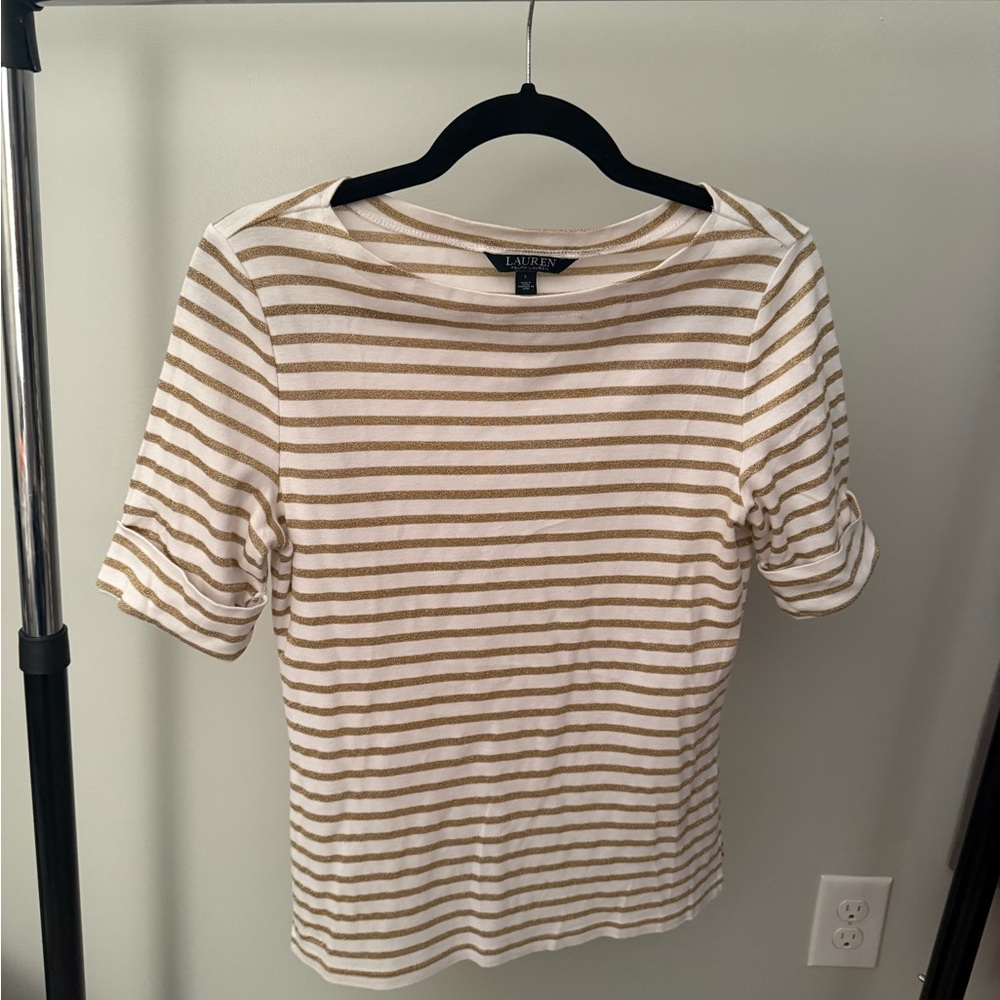 Lauren Ralph Lauren Women L Short Cuff Sleeve Gold White Striped Pullover Top